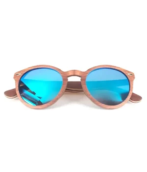 Gros plan sur la monture en bois noyer et ébène des lunettes Harisson Blue.