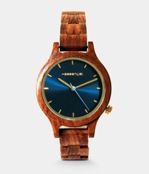 Montre en bois minimaliste pour femme avec fond bleu métalisé