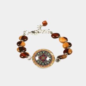 Bracelet bicolore en bois avec cabochon jaune moutarde, modèle Emma