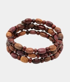 Bracelet artisanal en bois multicolore Ornea avec des perles d’Amarante, Mûrier, Néflier et Palissandre.