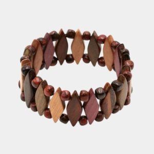 Bracelet artisanal en bois multicolore avec perles losanges et rondes en palissandre, alliant style et originalité.