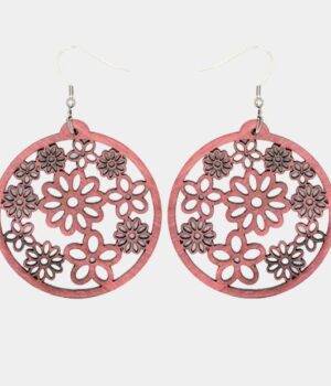 Boucles d’oreilles rondes en bois d’amarante avec motif multi-fleurs, fabrication artisanale.