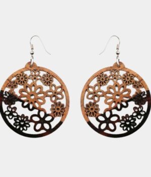 Boucles d'oreilles en bois de palissandre bicolore avec motifs floraux, fabriquées à la main.
