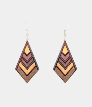 Boucles d’oreilles triangles en bois de marqueterie, essences Amarante, Murier, Néflier et Palissandre.