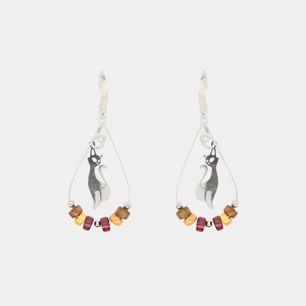 Bijoux en bois précieux et argent, boucles d’oreilles écologiques avec filigrane chat.