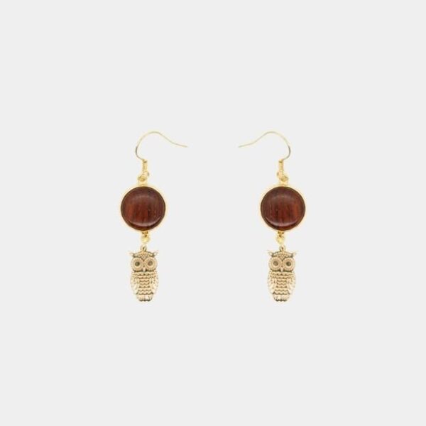 Paire de boucles d'oreilles acajou avec pendentif chouette finement travaillé et fermoir hypoallergénique.