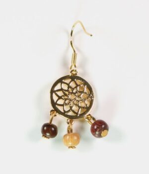 Présentation des boucles d'oreilles rosace doré avec d'autres bijoux en bois de la collection Essenciel.