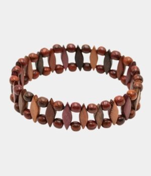 Bracelet en bois multicolore Olympia avec perles triangulaires et rondes, fabriqué artisanalement.