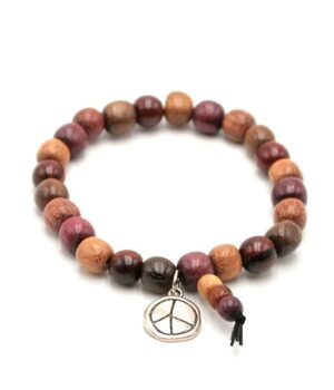 Bracelet en bois artisanal pour homme avec perles rondes multicolores et médaillon symbole de la paix.
