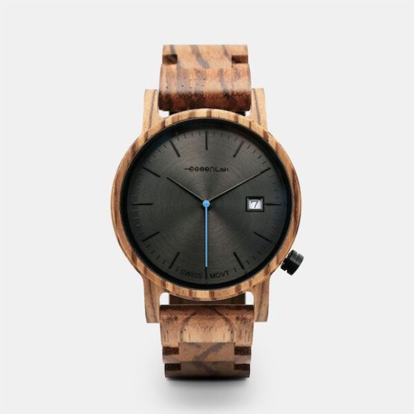 Montre minimaliste et légère avec aiguilles noires et trotteuse bleue.