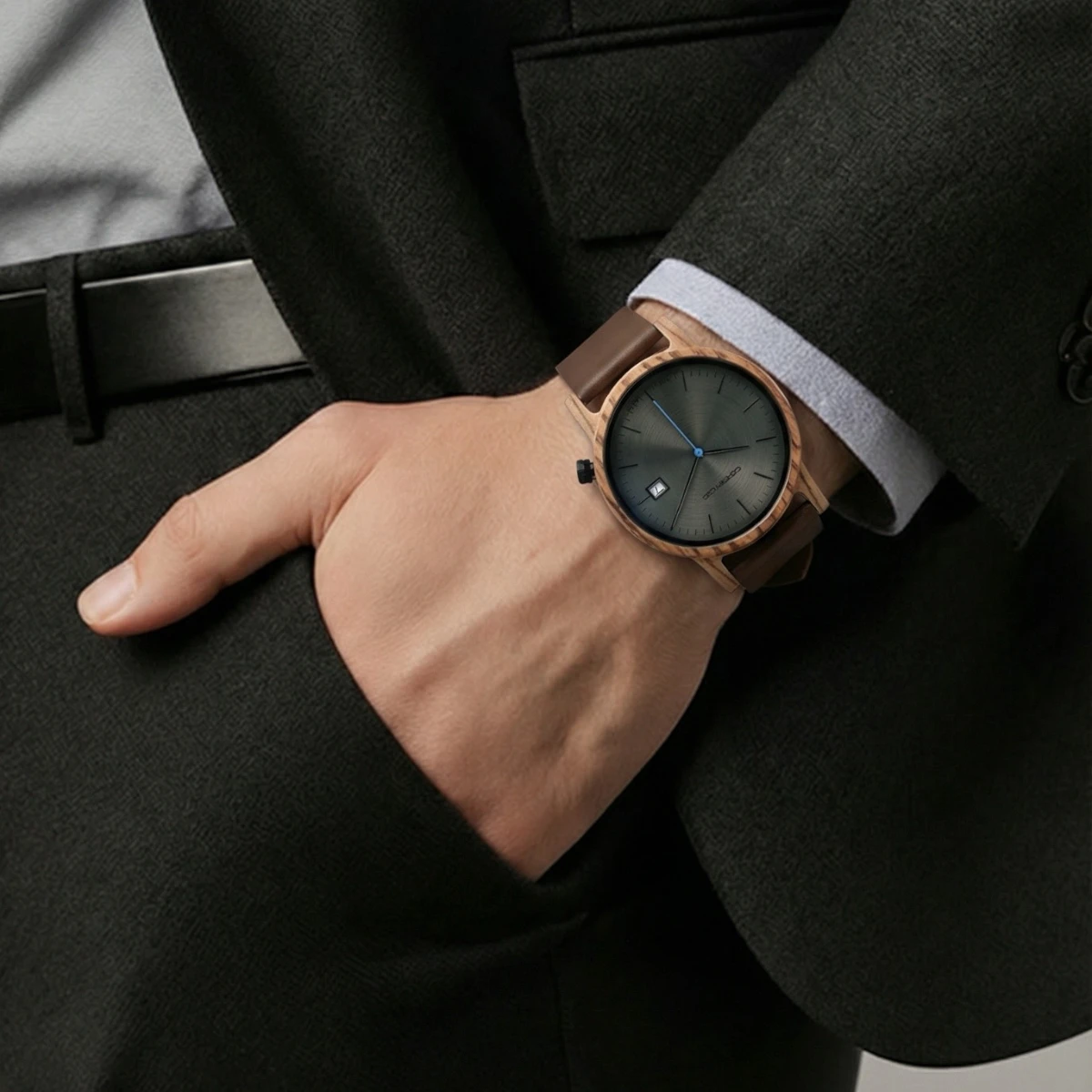 Montre homme bois zébrano et cuir marron Métro7 – Image 4