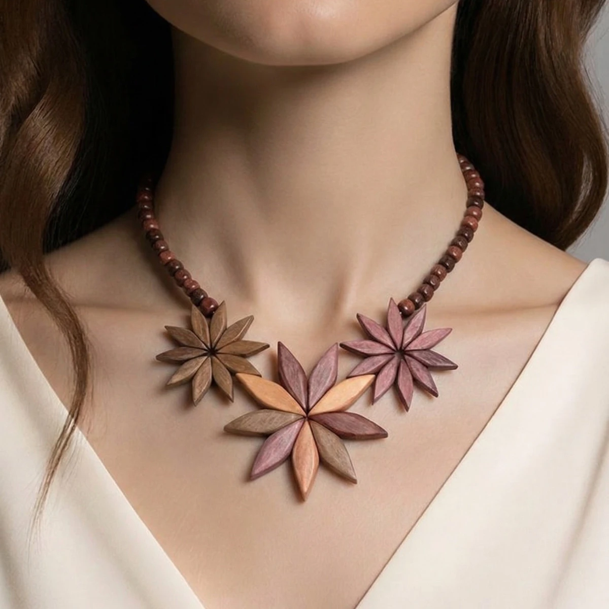 Collier trois fleurs bois Flora