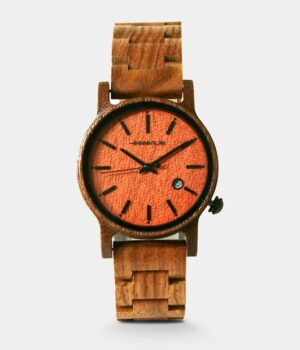 Montre en bois de noyer pour homme avec cadran rouge orange.