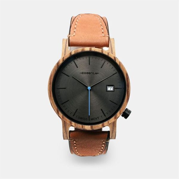 Montre homme en bois de zébrano avec boîtier de 40 mm et son bracelet en cuir