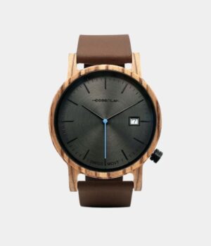 Montre homme Métro 7 en bois zébrano avec calendrier et bracelet cuir marron