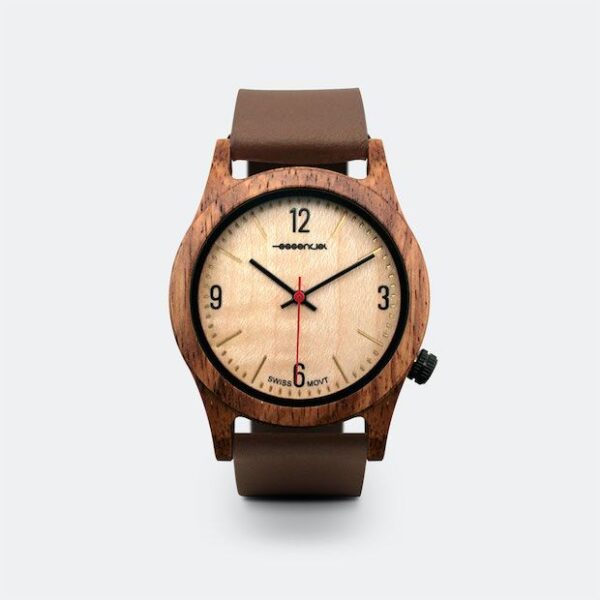 Montre homme en bois avec bracelet en cuir de noyer Moka par Essenciel