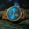 Montre homme bois noyer Mariner cadran bleu métal