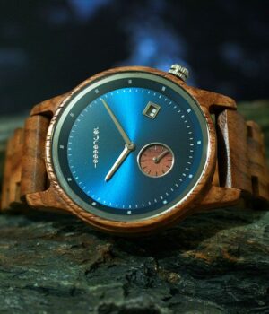 Montre homme bois noyer Mariner cadran bleu métal