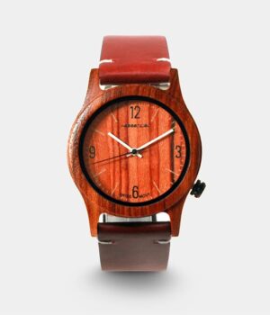Bracelet en cuir de vachette rouge de la Montre Cuir Homme Palissandre Mars, confort et durabilité.