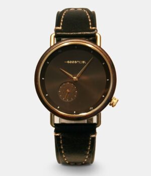 Montre Quantum en cuir et bois ébène, avec un élégant cadran noir. Un accessoire unique alliant style et sophistication.