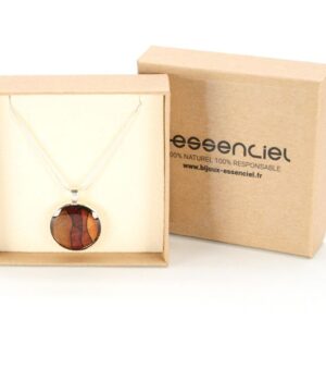 Collier pendentif Luce en bois travaillé à la main, mélange d’essences nobles comme amarante et palissandre.