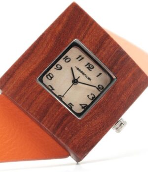 Montre en bois pour femme avec boîtier carré et bracelet en cuir orange