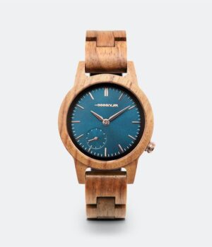 Montre femme bois de noyer Velvet cadran bleu aiguilles or rose