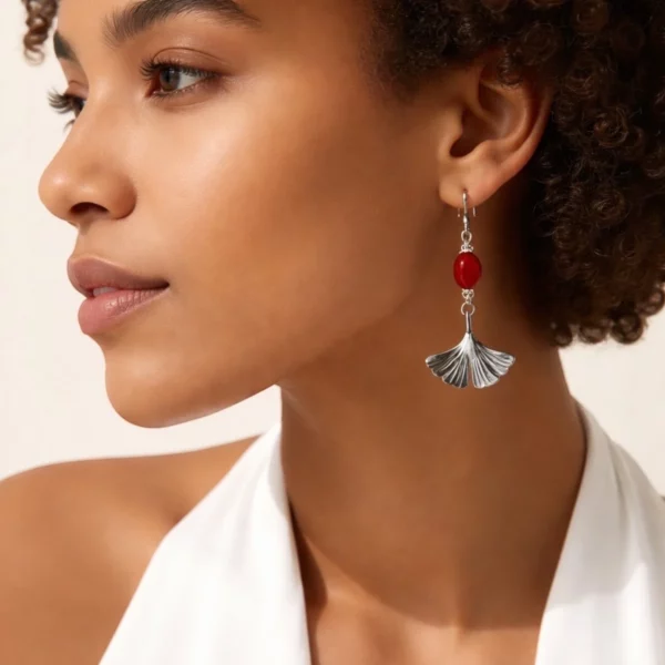 Boucles d'oreilles amarante ginkgo argenté Doly