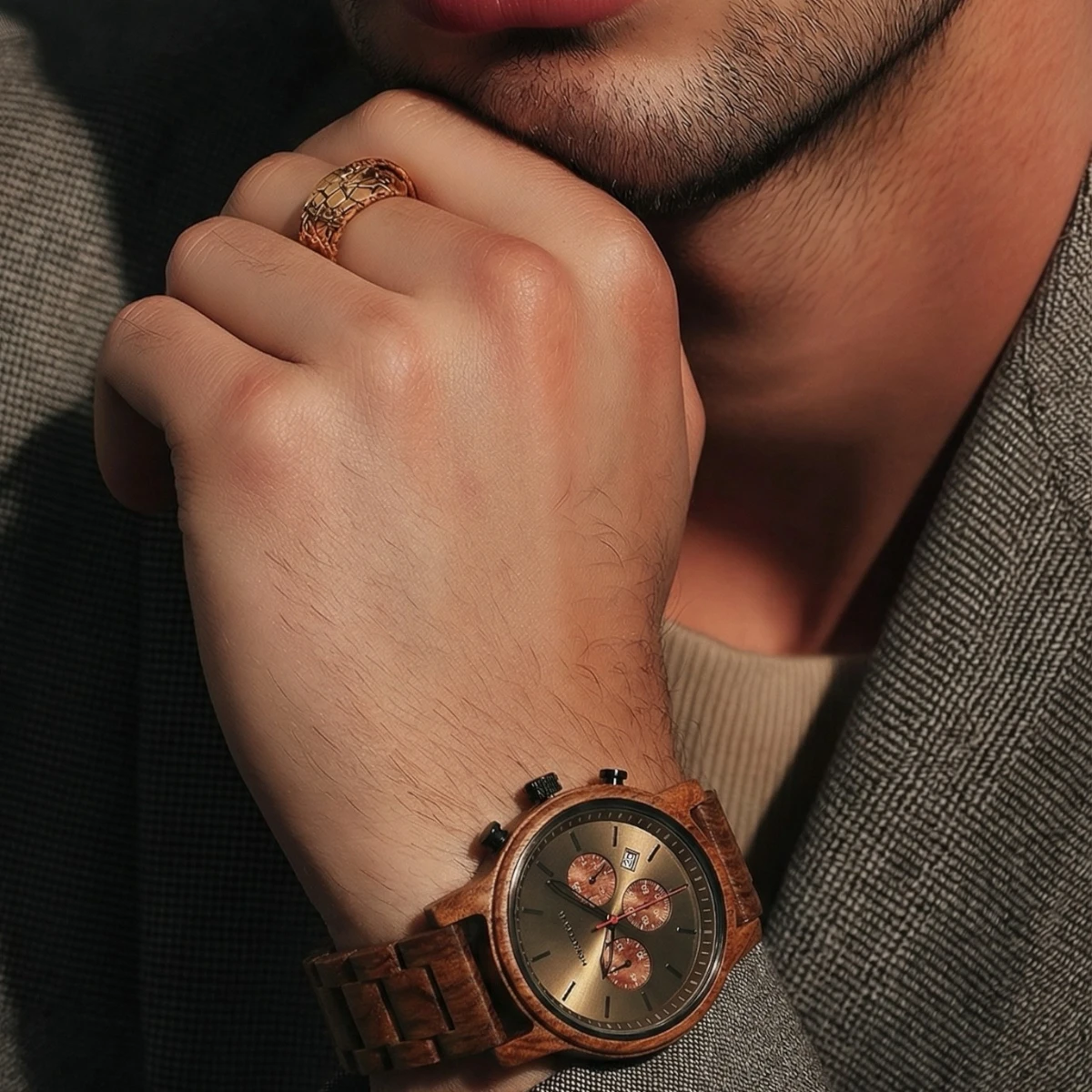 Montre bois noyer multi-fonction homme Everest – Image 2