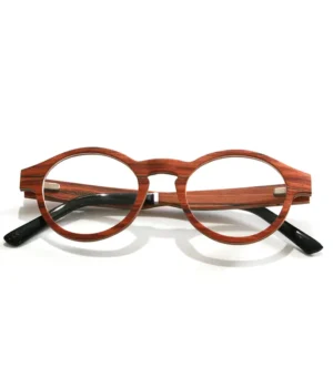 Monture légère et intemporelle de forme Panthos fabriquée en bois de noyer durable.