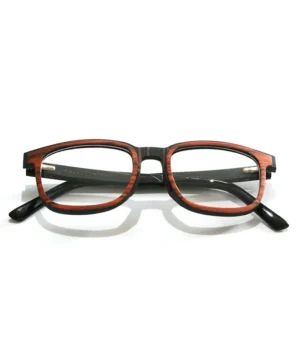 Lunettes en bois KALYSPOS pour femmes, monture rectangulaire et branches multicolores en acétate bio.