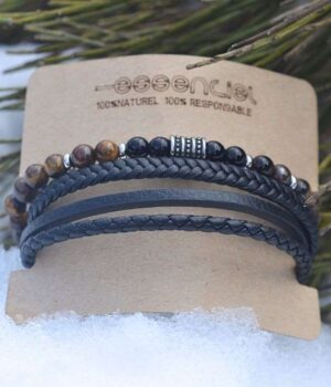 Bijou élégant pour homme composé de cuir tressé noir et de pierres naturelles d’onyx et œil de tigre.