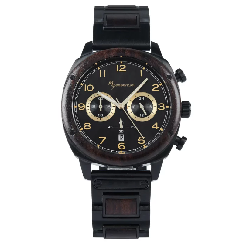Montre en bois pour homme Calibra avec boîtier en ébène de 45 mm et fonctions chronomètre.
