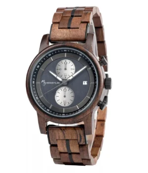 Montre en bois chronographe homme Pulsor avec boîtier en noyer et cadran noir élégant.