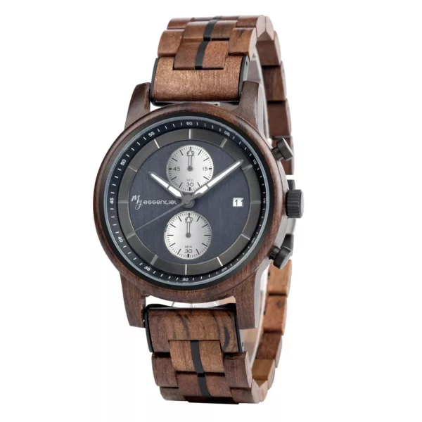 Montre en bois chronographe homme Pulsor avec boîtier en noyer et cadran noir élégant.