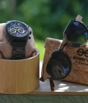 lunette de soleil bicolore bois 241XP avec la montre en bois Calibra dans son coffret