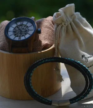 Bracelet homme cuir tressé avec pierres naturelles et bois, design zen et moderne assorti à la montre Zenitha.