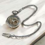 Vue rapprochée du mécanisme apparent de la montre Steeve laiton, combinant tradition et technologie japonaise.