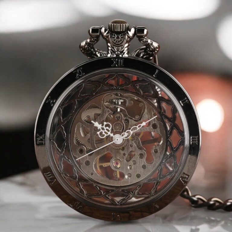 Gros plan sur le mécanisme visible au dos de la montre à gousset noire Steeve.