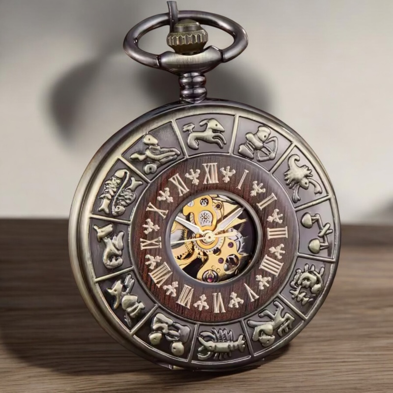 Montre à gousset Astral fermée, révélant le mécanisme et le zodiaque