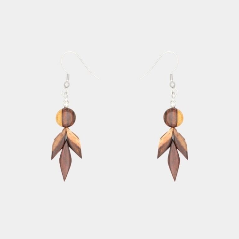 Gros plan sur les boucles d'oreilles Katy montrant le détail des différentes essences de bois bicolores.