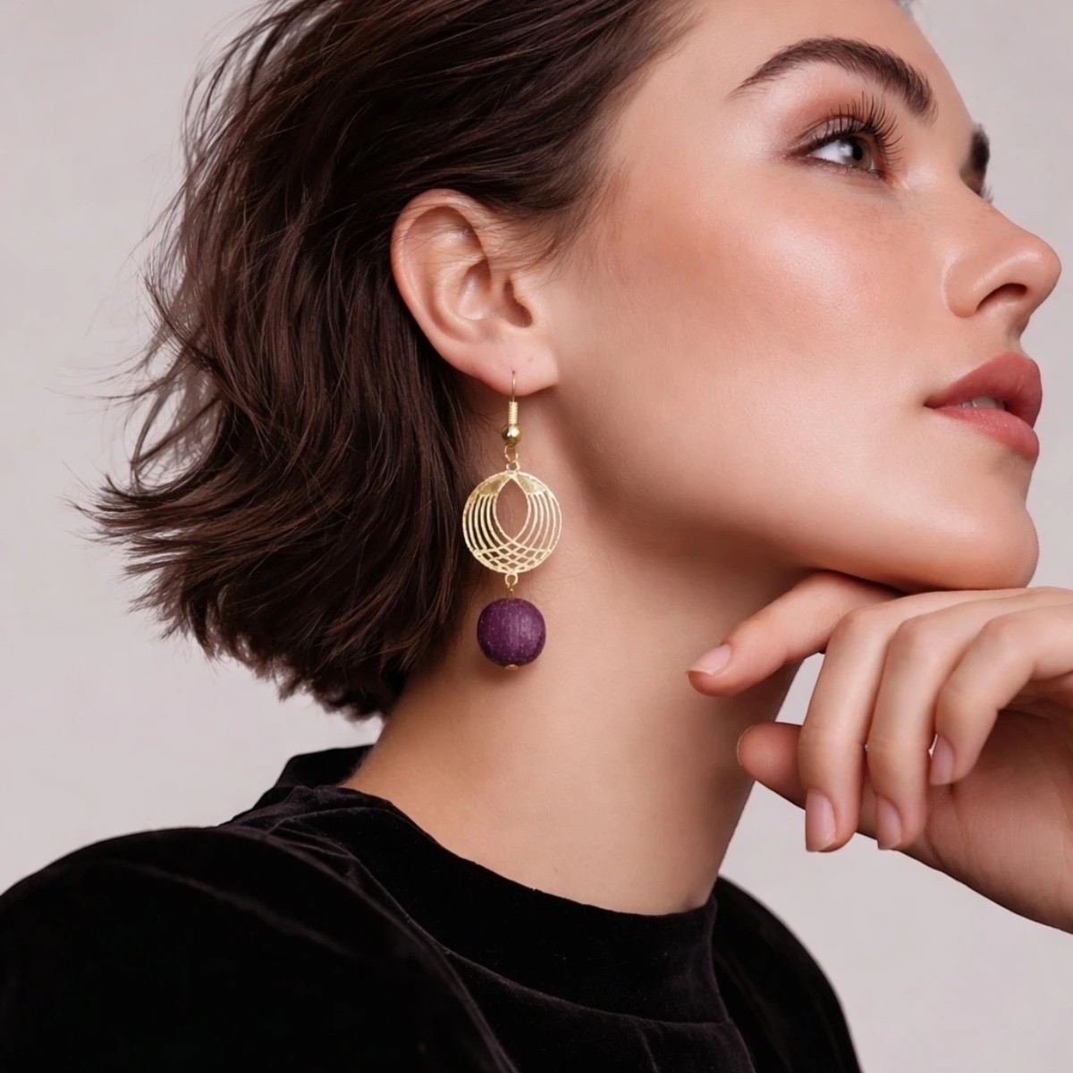 Boucle d'oreille bois multicolore doré Cindy