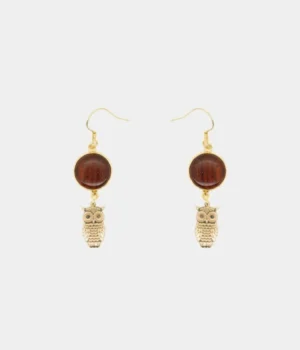 Boucles d'oreilles bois et chouette en doré Marlyne