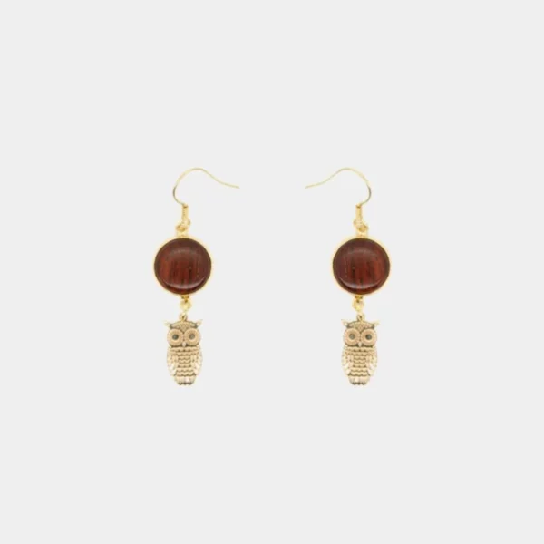 Boucles d'oreilles bois et chouette en doré Marlyne