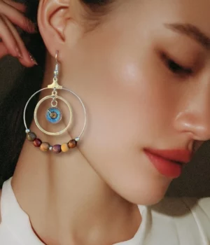 Alternative view of Boucles d'oreilles créole double multicolore et cabochon - Dolcé