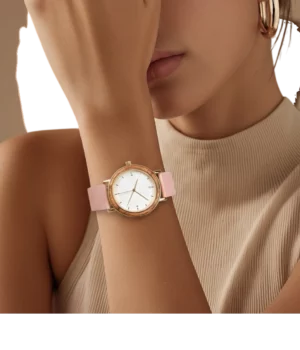 Alternative view of Montre femme noyer métal et cuir rose Cyntia