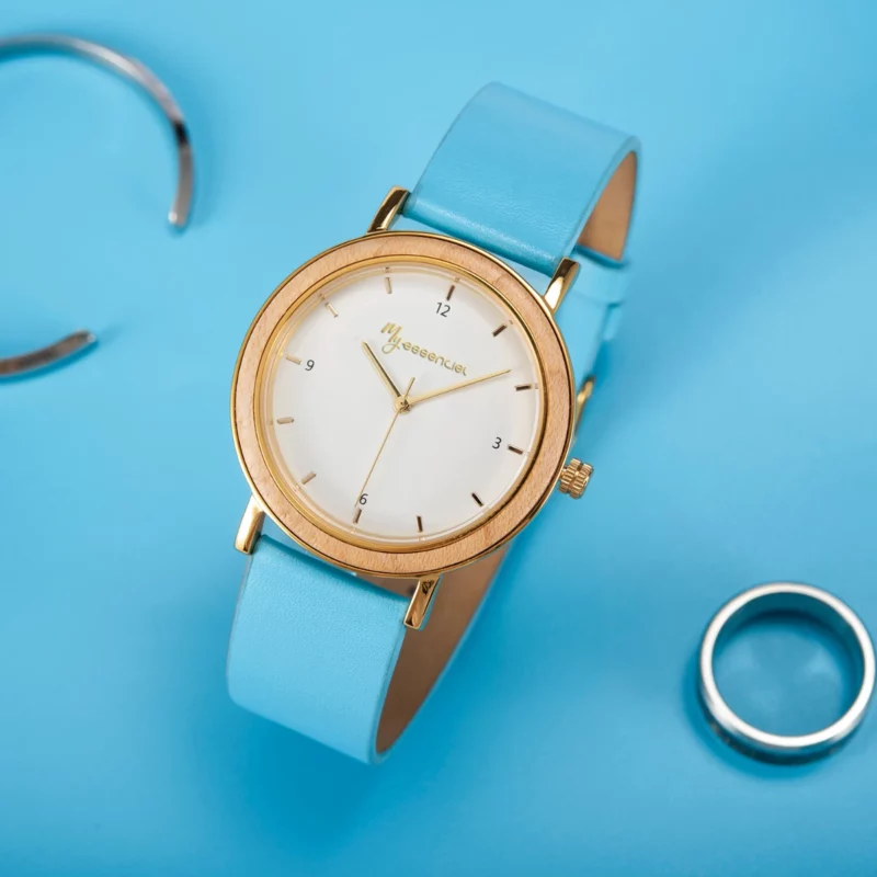 Montre femme noyer métal et cuir bleu Cyntia