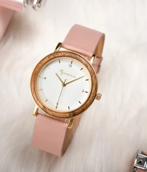 Montre femme noyer métal et cuir rose Cyntia