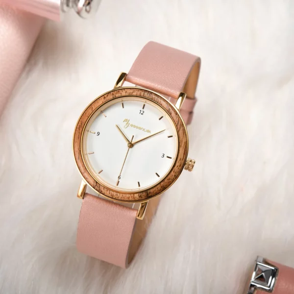 Montre femme noyer métal et cuir rose Cyntia