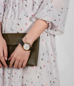 Alternative view of Montre femme noyer métal et cuir émeraude Cyntia